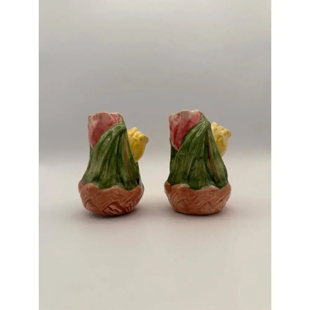 Vintage Floral Salt Pepper Shakers Ceramic Tulip Farmhouse Decor Set